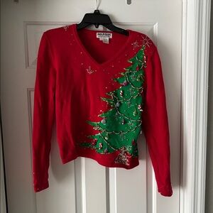 Festive Red V-Neck Sweater with Christmas Tree Design